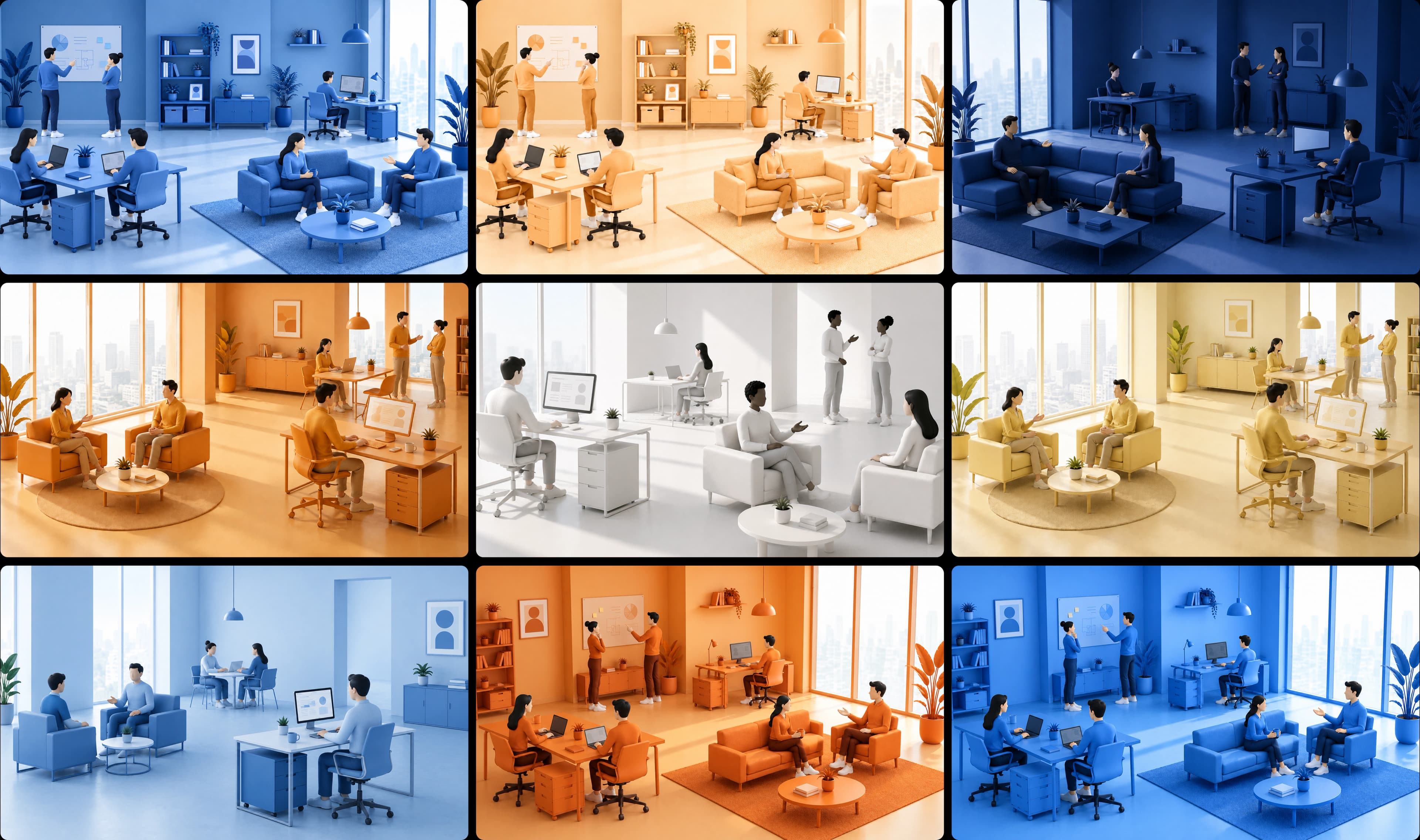 Colorful workplace scenes arranged in a grid